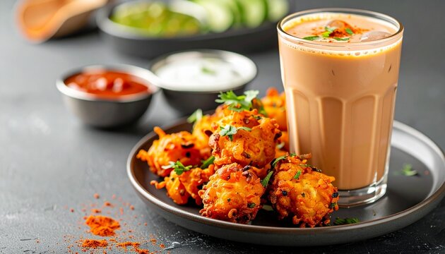 Vegetable pakoras with spicy chutneys and a refreshing iced masala chai, warm and cool contrast, high detail