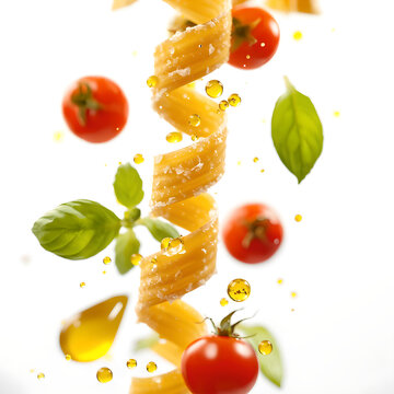 Flying Fettuccine Pasta with Cherry Tomatoes Basil and Oil Drops