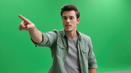 Naklejka premium Green Screen Direction: A young man in casual attire gestures assertively against a vibrant green screen background, indicating a specific direction or pointing to an unseen element.