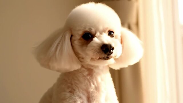 White mini poodle side profile by warm window light, fluffy ears softly backlit, calm thoughtful gaze, clean indoor pet portrait with creamy shadows and gentle home atmosphere, elegant close view