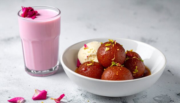 Traditional gulab jamun served cold with vanilla ice cream and a refreshing rose milk drink, elegant dessert photography
