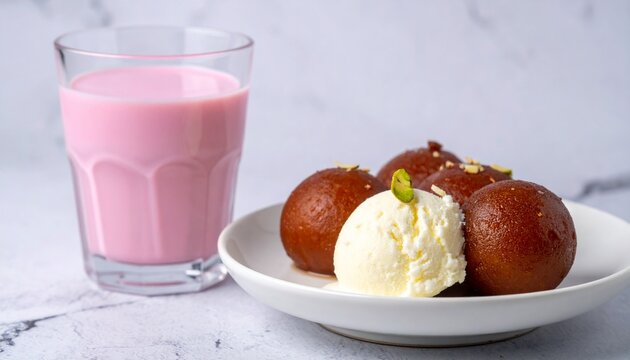 Traditional gulab jamun served cold with vanilla ice cream and a refreshing rose milk drink, elegant dessert photography
