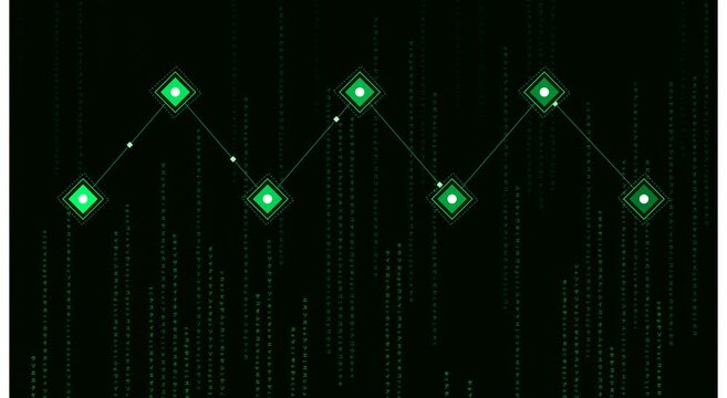 Digital data flow graph with matrix code background animation
