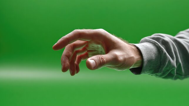 Hand Reaching Out: A close-up shot of a human hand reaching forward against a vibrant green background, suggesting a gesture of connection or grasping.