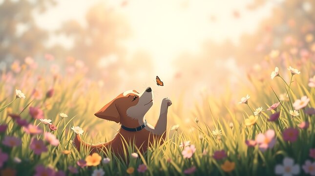 Whimsical dog in flower field with butterfly, cute puppy playing in spring meadow, cinematic sunlit pet illustration for children Japanese anime styles Art