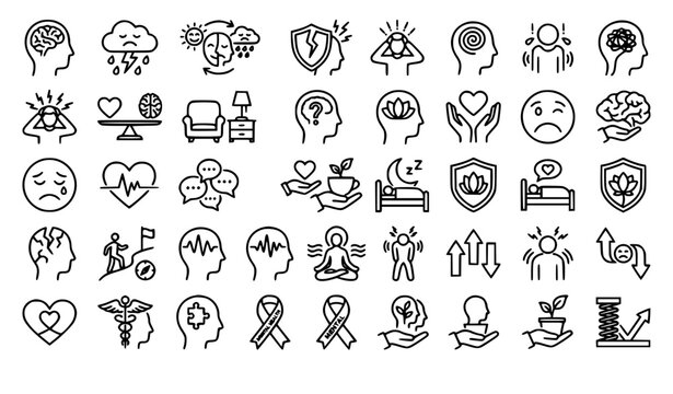 Psychology and mental wellness thin line icon collection with emotional health symbols