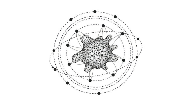 Abstract molecular structure with orbiting nodes on dashed circular paths