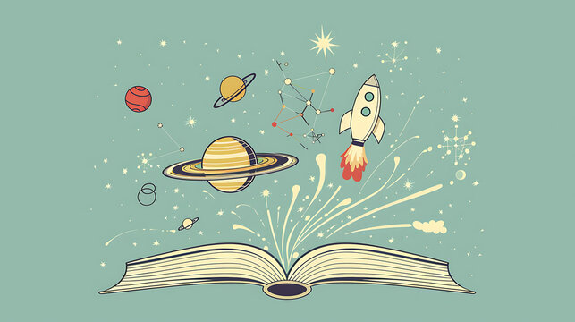 Imaginative flat doodle of a rocket and planets bursting from an open book offering generous copy space for online learning portal designs.