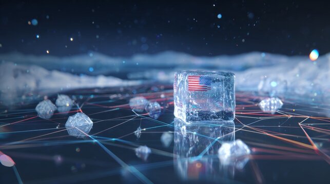 Arctic puzzle: navigating national interests in icy territories. Data connectivity. Cube of diplomacy: the us flag encased in arctic ice and global conflict. Intelligent network.