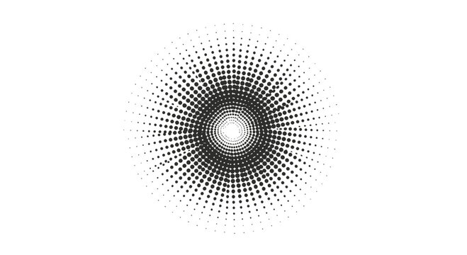 Black dots radiate outward from a central void, forming a dynamic circular pattern