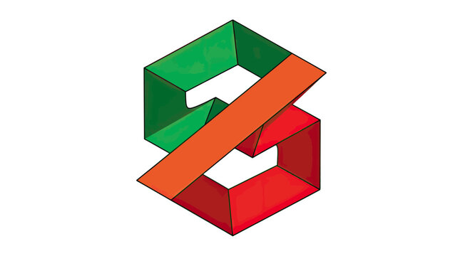 Geometric optical illusion with interlocking green, orange, and red segments