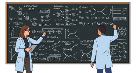 Scientists writing nuclear physics formulas on blackboard vector illustration isolated on white © MdMainul