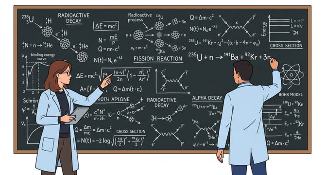 Scientists writing nuclear physics formulas on blackboard vector illustration isolated on white