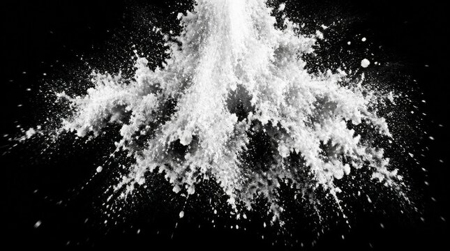 Dynamic white powder explosion burst isolated on black background.