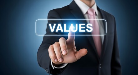 Obraz premium Business values concept man pressing button with 'values' text corporate strategy