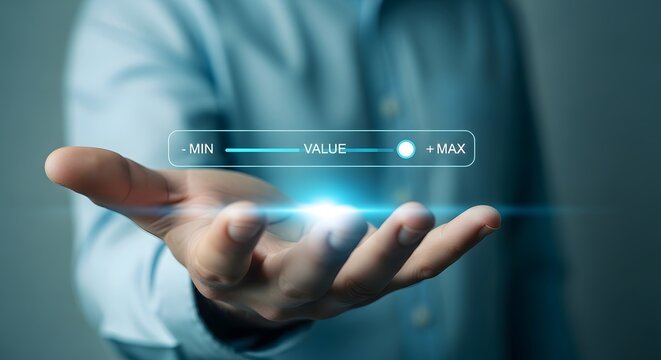 Hand holding digital slider with value control data settings and adjustment concept