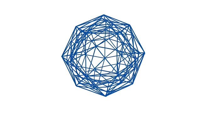 A complex, wireframe, blue geometric polyhedron floats on a white background