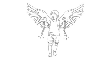 Fototapeta premium Innocent child with angel wings breaking free from chains, symbolizing hope and liberation.