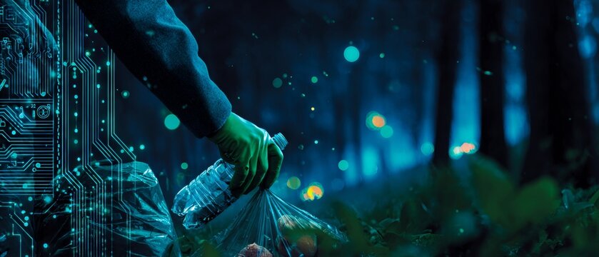 Championing nature: join hands to clear plastic in lush surroundings. Smart technology. Green initiative: careful volunteer cleanup in leafy park. Digital intelligence. Ai evolution.