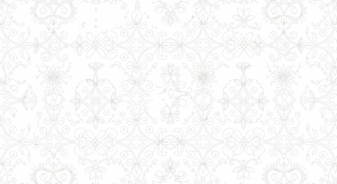 Intricate white floral and scrollwork damask pattern background