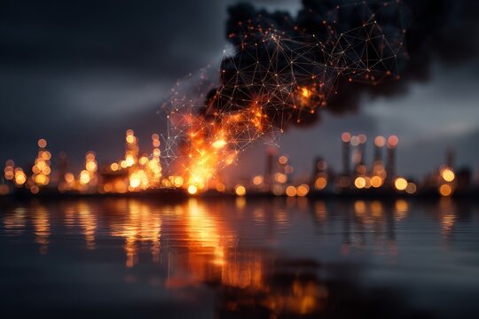 Twilight blaze: intense fire devours industrial complex. Network