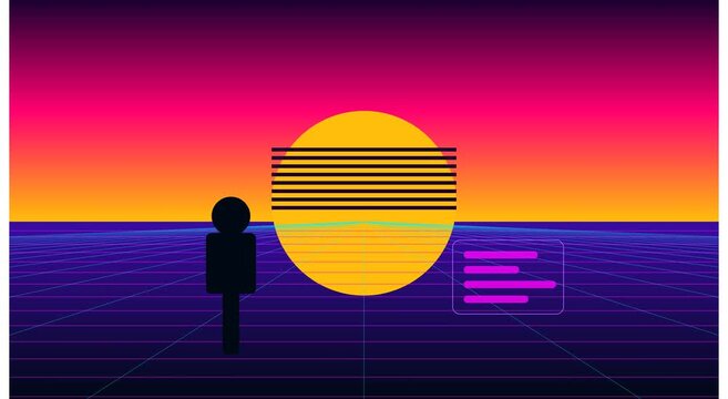 Retro synthwave horizon with digital avatar and ui animation