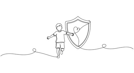 Child Running with Shield Icon, Continuous Line Drawing, Protection Concept