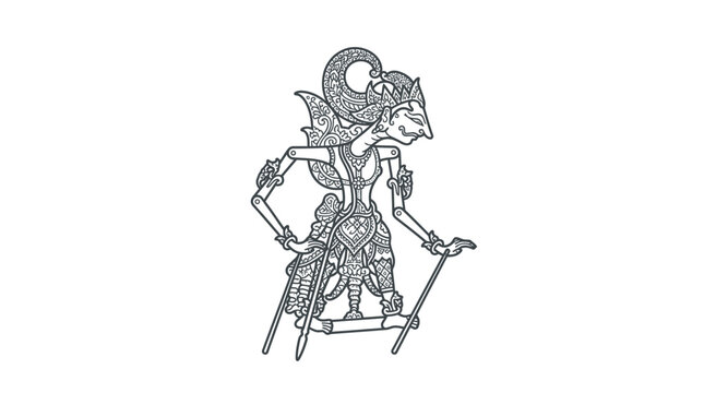 Traditional Indonesian Wayang Kulit shadow puppet character line art.