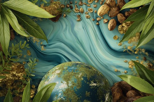 Eco utopia: picturing a flourishing world of green transitions. Glam lookbook. Subtle shifts in mother earth's design: a seed's journey begins. High-class shoot. Upscale style.