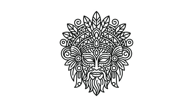 Stylized tribal male mask with leaf headdress line art.