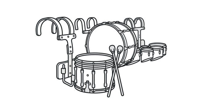 Detailed line art of marching band drums with harness.