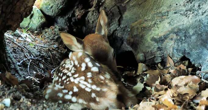 newborn spotted deer(fawn) hiding in big tree  hole