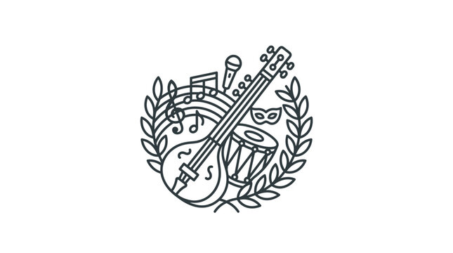 Traditional musical instruments sitar and tabla within wreath border.