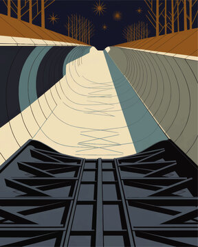 Futuristic bobsled track at night, geometric winter sports illustration with stars, modern minimal landscape in blue and beige