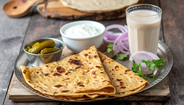 A traditional Indian breakfast with paratha, yogurt, pickles, and a glass of cold lassi, rustic food photography
