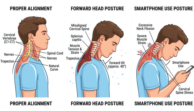 Spine posture infographic vector showing proper alignment versus forward head and smartphone text neck strain