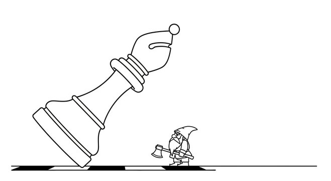 Tiny Gnome with Axe Faces Giant Fallen Chess Bishop on Board