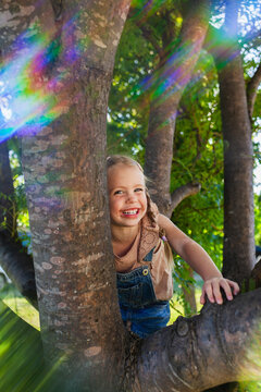 Childhood scene of little girl climbing tree in backyard on summer day with rainbow light flare