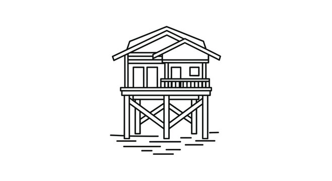 Stilt House Icon on Water, Minimalist Line Art Building