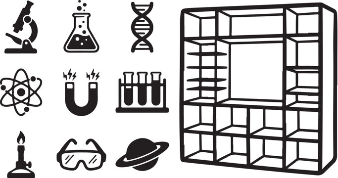 Science and Laboratory Icons with Empty Shelf