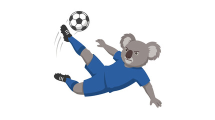 Athletic koala in blue uniform showcasing soccer ball aerial trick. Perfect for sports events, contests or athleticthemed designs. © Luqman