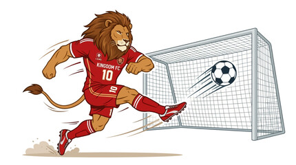 Kingdom fc lion mascot in red shorts, soccer ball, white net goal  ideal for sports team branding, soccer promotions, social media. © Luqman