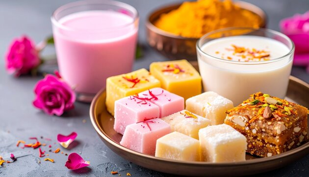 Traditional Indian sweets assortment with chilled rose milk and saffron lassi, festive food styling, high detail
