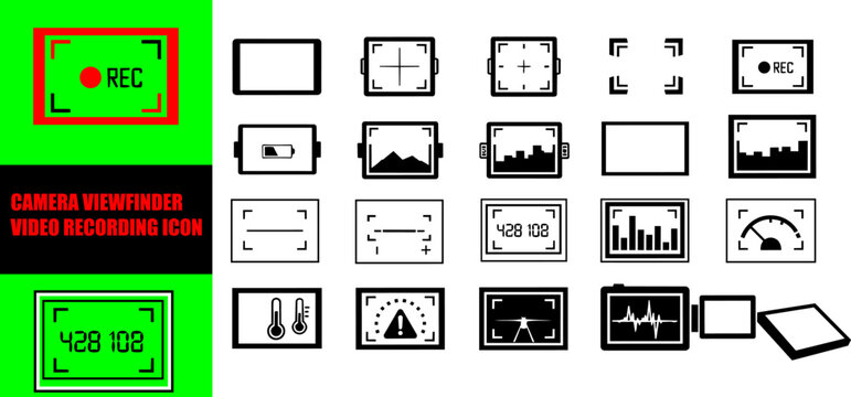 Camera viewfinder and video recording screen interface line icons set with audio level meter, temperature alert, histogram, focus tracking grid, and battery indicator symbols for digital cinematograph