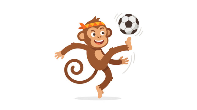 Cheerful headband monkey juggling soccer ball. Suitable for sports events, print designs, childrens products, and creative projects.