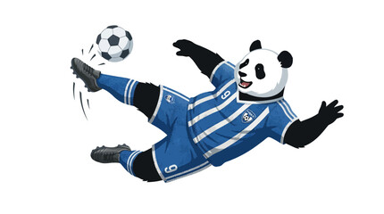 Cheerful panda mascot erwin in a blue sports uniform with white stripes playing with a soccer ball in motion. Perfect for sportsthemed designs and animations. © Luqman