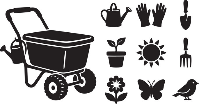 Gardening tools and icons in black silhouette style