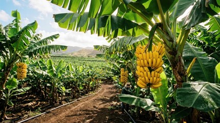 Banana plantation with worker tending to crops on sunny day © Graphic