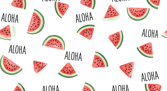 Tropical summer pattern featuring delicious pink watermelon slices and black aloha text scattered on a white background.