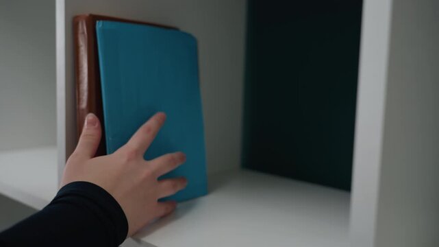 Hands place blue book and pot on white shelf cubby with teal back panel close up of careful arranging, small cactus in terracotta planter, journal spine tucked upright, minimal apartment decorating,